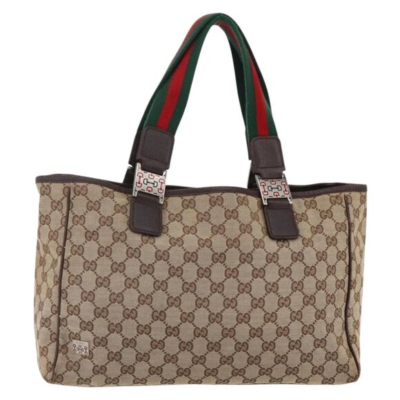 GUCCI GG Canvas Web Sherry Line Tote Bag Beige Gold - Picture 3 of 16